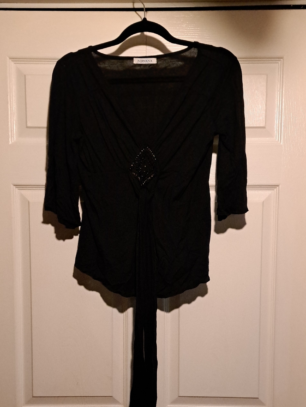 NIRVANA Black Wrap-Style Women's Top with Center Embellishment